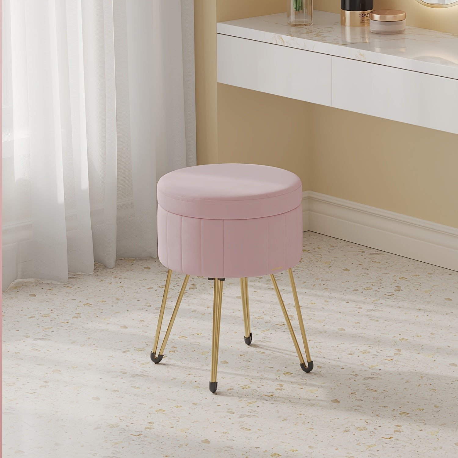 Storage Ottoman with Easy Assembly, Metal, Velvet Round Dressing Table Stool Metal - Jelly Pink option