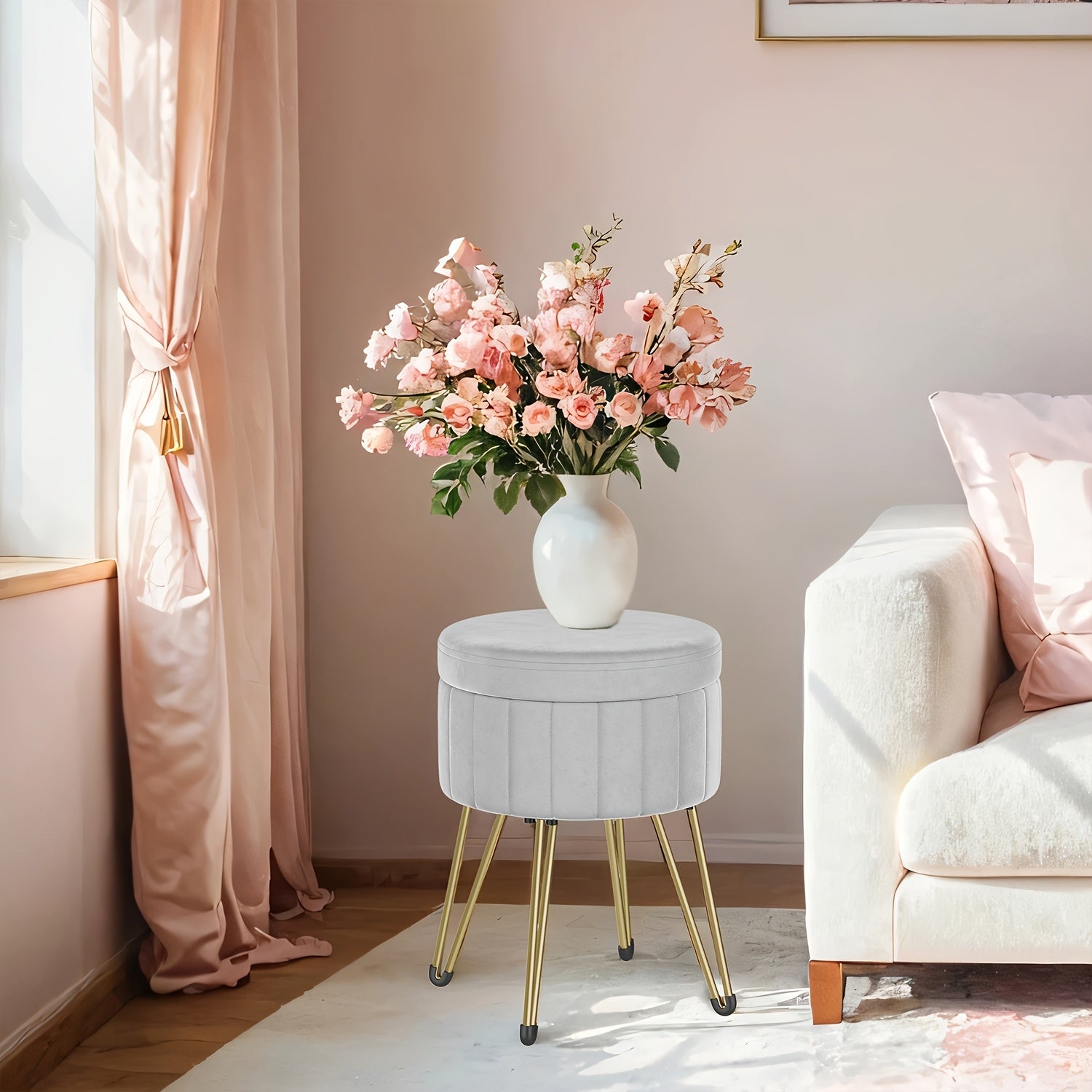 Storage Ottoman with Easy Assembly, Metal, Velvet Round Dressing Table Stool Metal