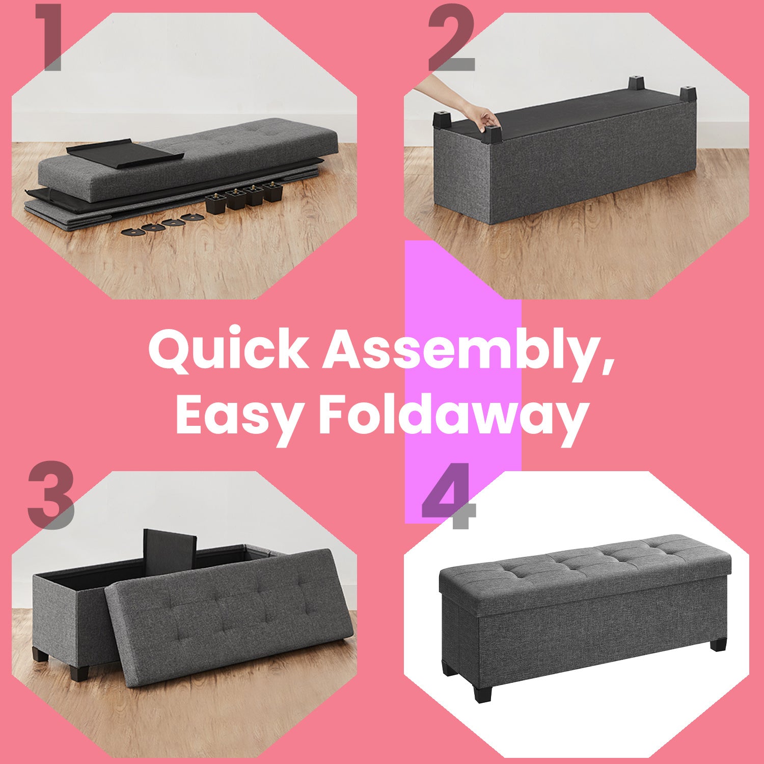 Storage Ottoman with Foldable, Non-Slip, Easy Assembly, 110cm - product gallery image 5