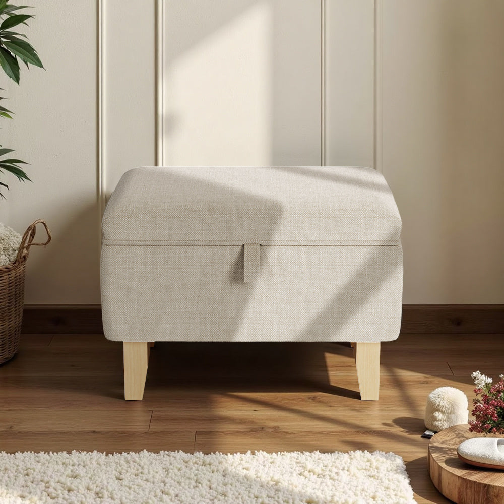 Storage Ottoman with Wood, Linen Footstool Hidden Compartment Padded Seat - Beige, 49x33x35cm option
