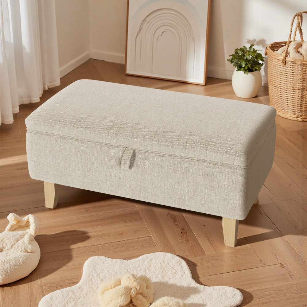 Storage Ottoman with Wood, Linen Footstool Hidden Compartment Padded Seat - Beige, 71x37x34cm option