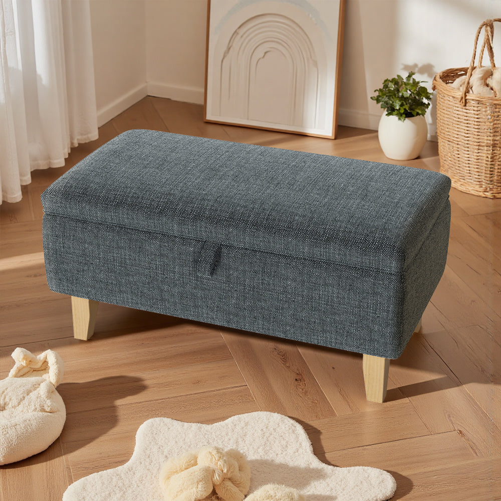 Storage Ottoman with Wood, Linen Footstool Hidden Compartment Padded Seat - Dark Grey, 71x37x34cm option
