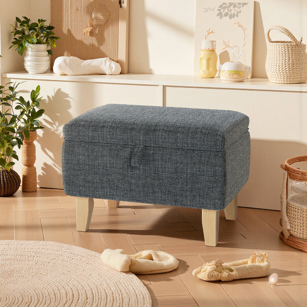 Storage Ottoman with Wood, Linen Footstool Hidden Compartment Padded Seat - product gallery image 12