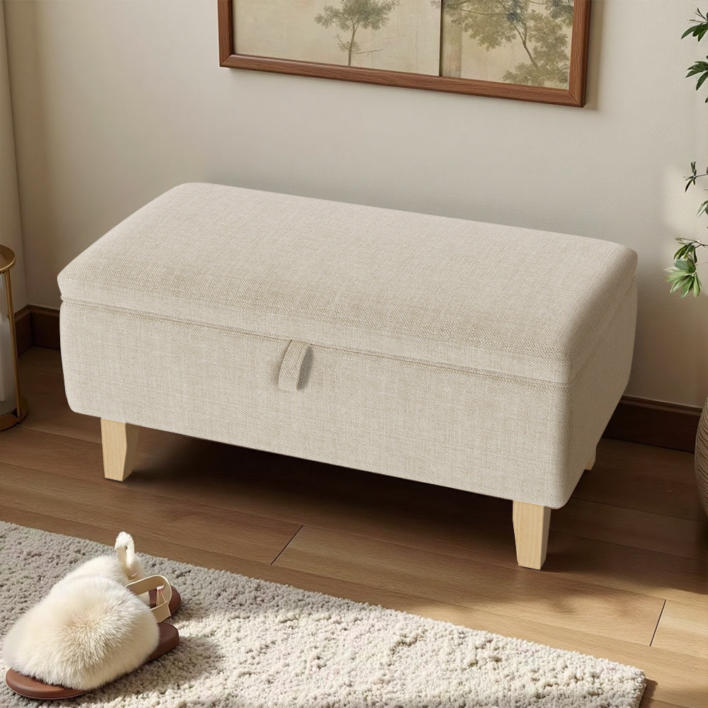 Storage Ottoman with Wood, Linen Footstool Hidden Compartment Padded Seat - product gallery image 14