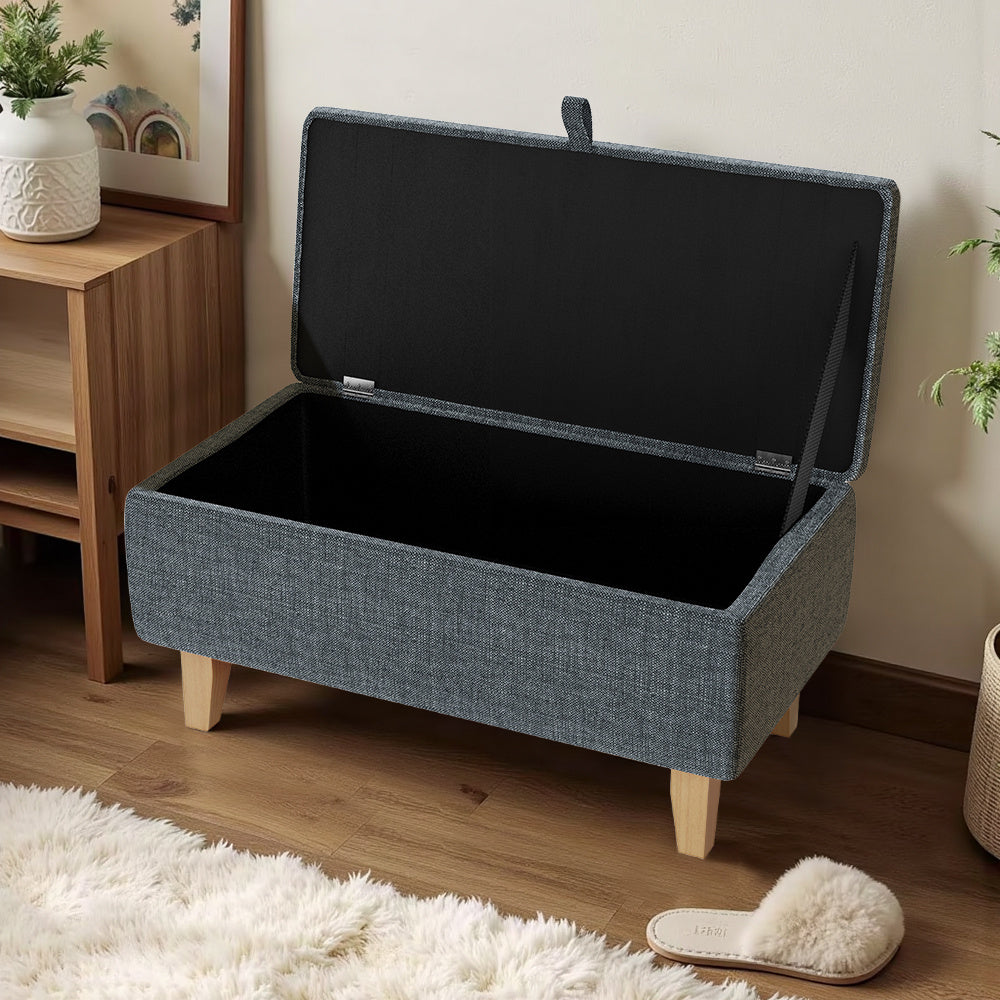 Storage Ottoman with Wood, Linen Footstool Hidden Compartment Padded Seat - product gallery image 18