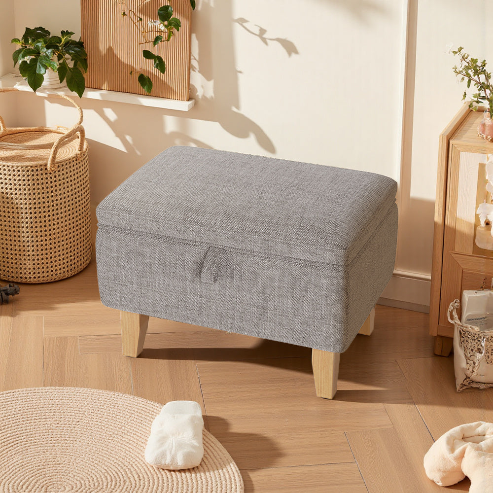 Storage Ottoman with Wood, Linen Footstool Hidden Compartment Padded Seat - product gallery image 3