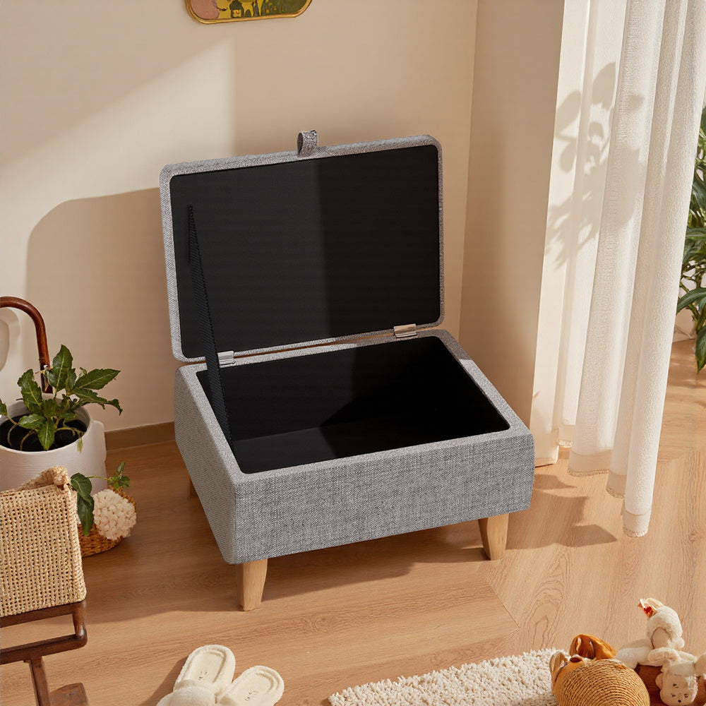 Storage Ottoman with Wood, Linen Footstool Hidden Compartment Padded Seat - product gallery image 4