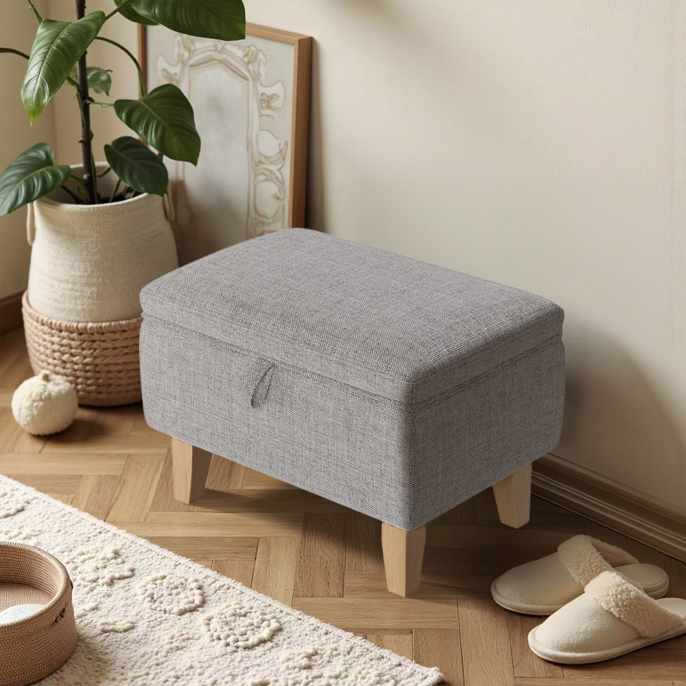 Storage Ottoman with Wood, Linen Footstool Hidden Compartment Padded Seat - product gallery image 5
