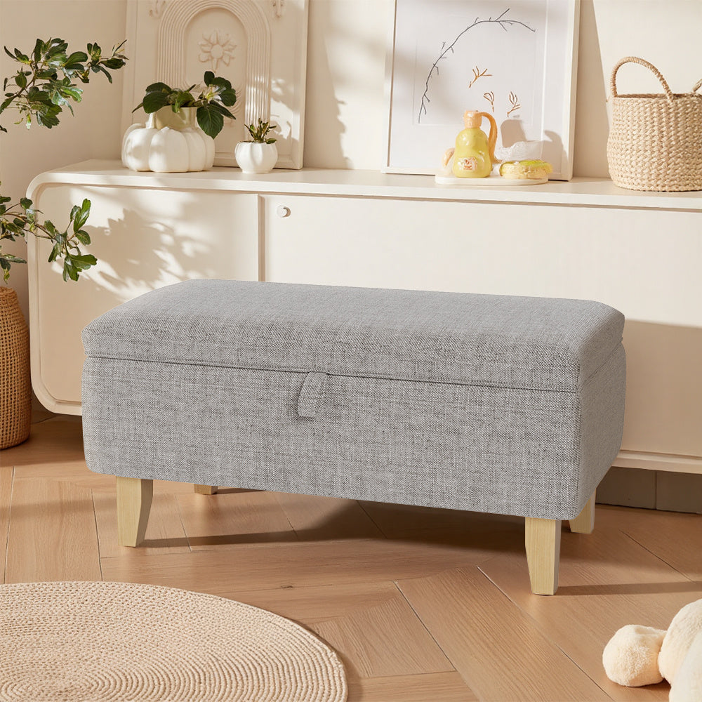 Storage Ottoman with Wood, Linen Footstool Hidden Compartment Padded Seat - Light Grey, 71x37x34cm option