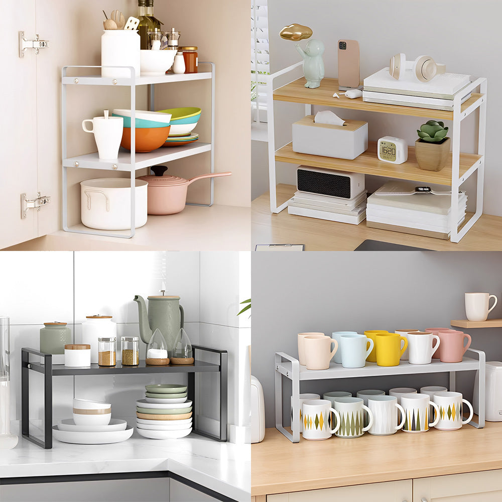 Storage Rack with Metal, Multi-Tier Mug Shelves Desks, Black/White/Natu - product gallery image 14
