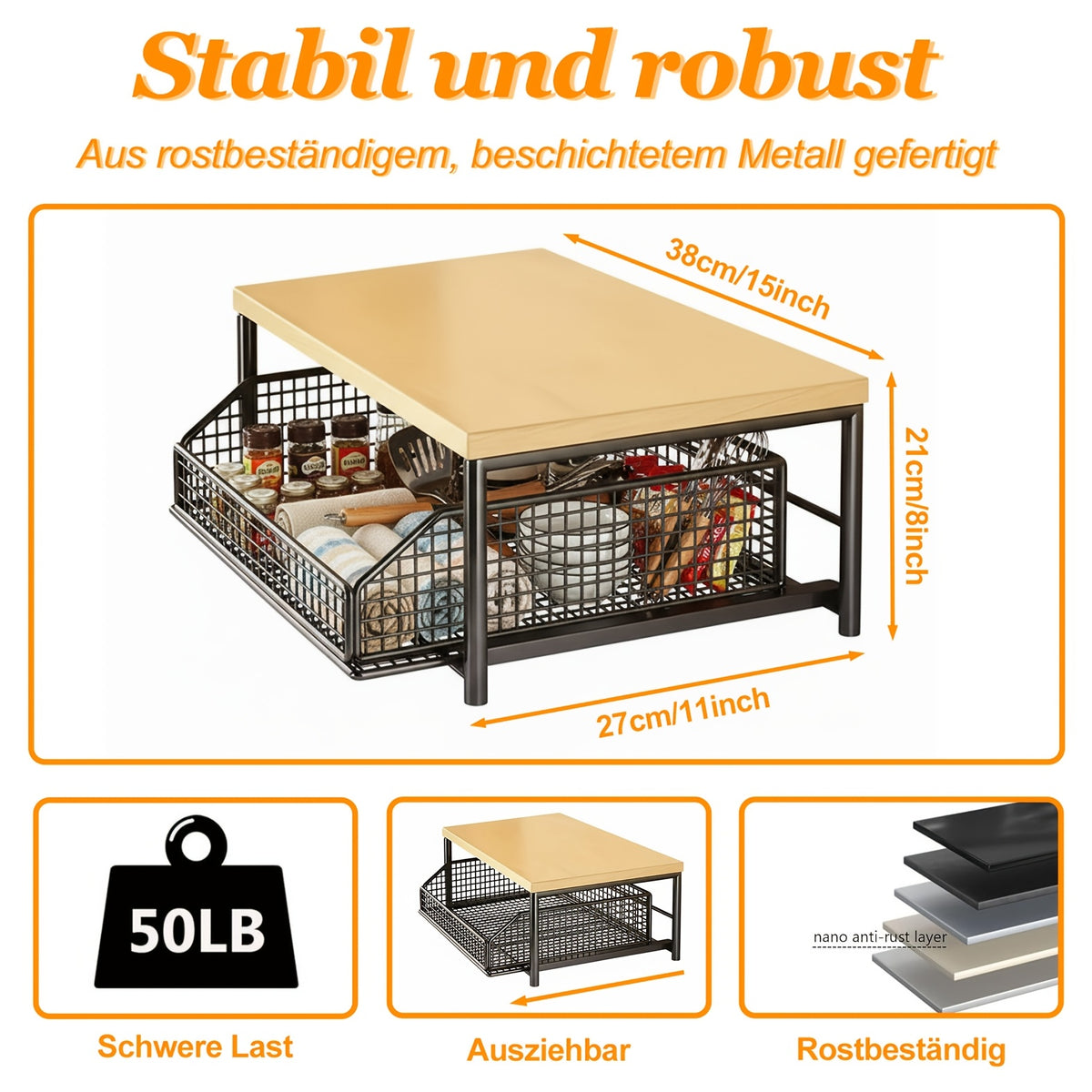 Storage Rack with Pull-Out, Metal, 1pc, Two-Tier Kitchen Countertop Organiser Drawers - product gallery image 3
