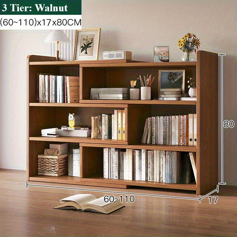 Storage Rack with Space-Saving, Expandable Desktop Bookshelf Tier Adjustable - Walnut Color, 3 Tier, 60-110*17*80cm option