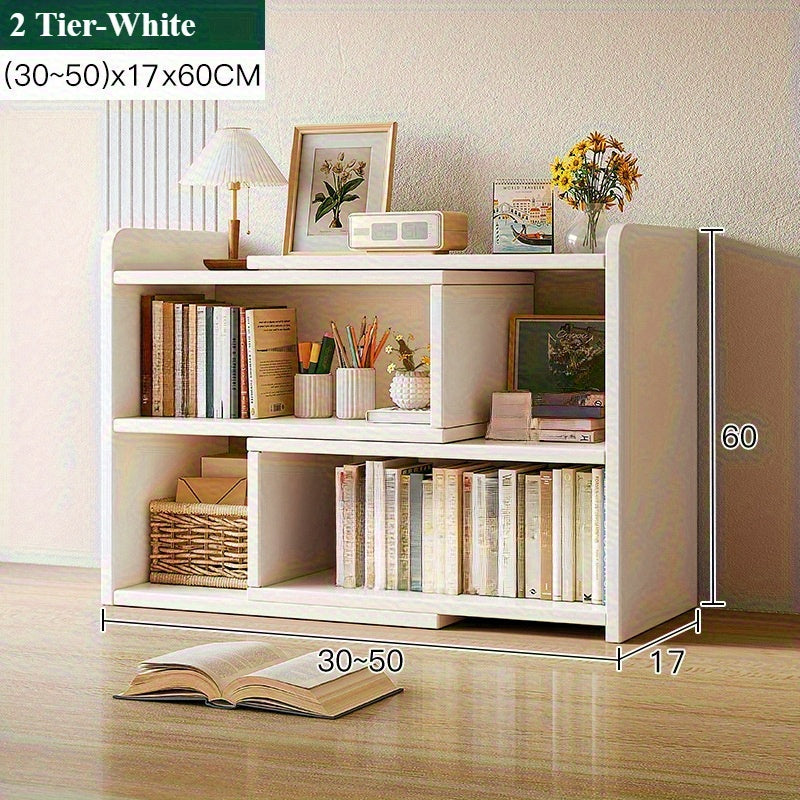 Storage Rack with Space-Saving, Expandable Desktop Bookshelf Tier Adjustable - White, 2 Tier, 30-50*17*60cm option