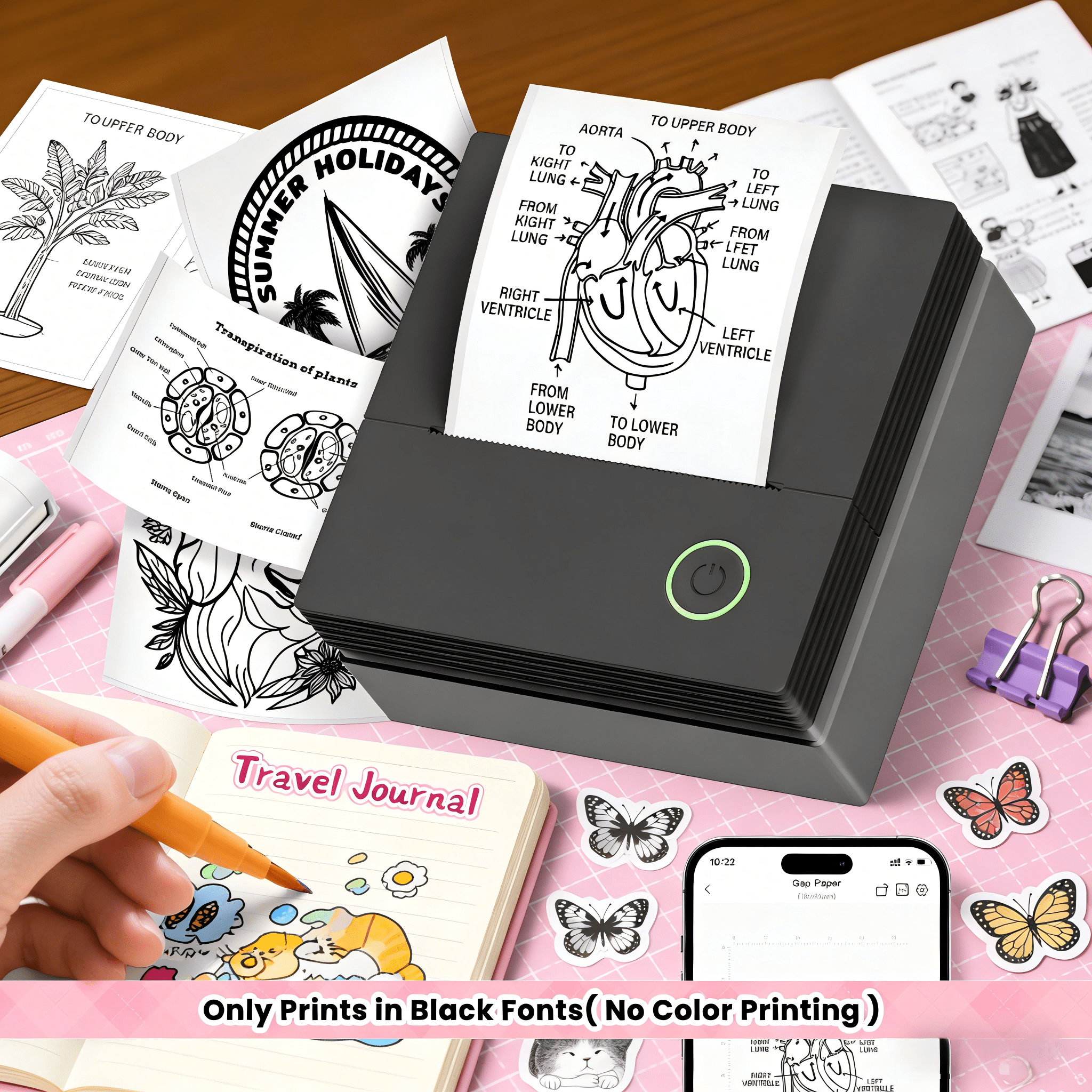 Thermal Label Printer Portable Wireless Inkless Mini 203DPI with Rechargeable