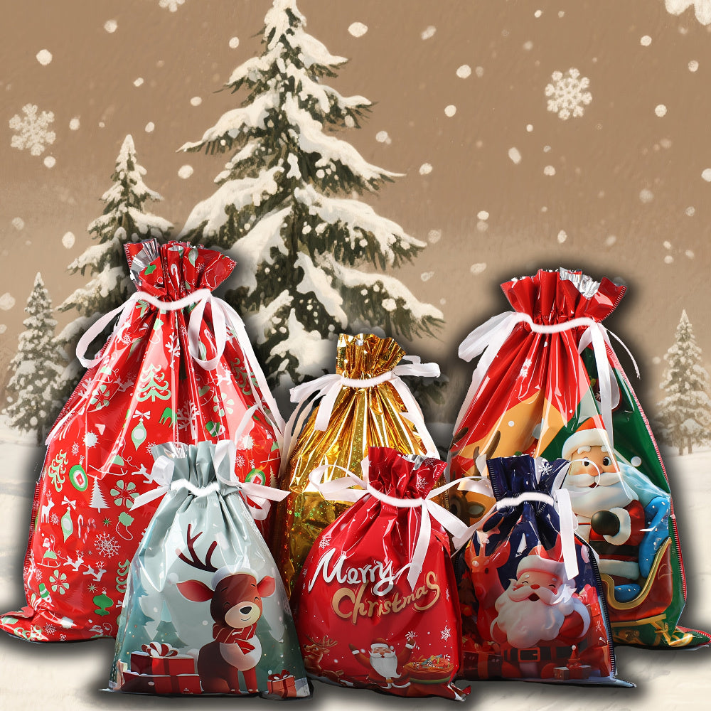 Ties) Reusable Christmas Gift Bag with 18pcs Bags Ropes Cute Snowman, Reindeer