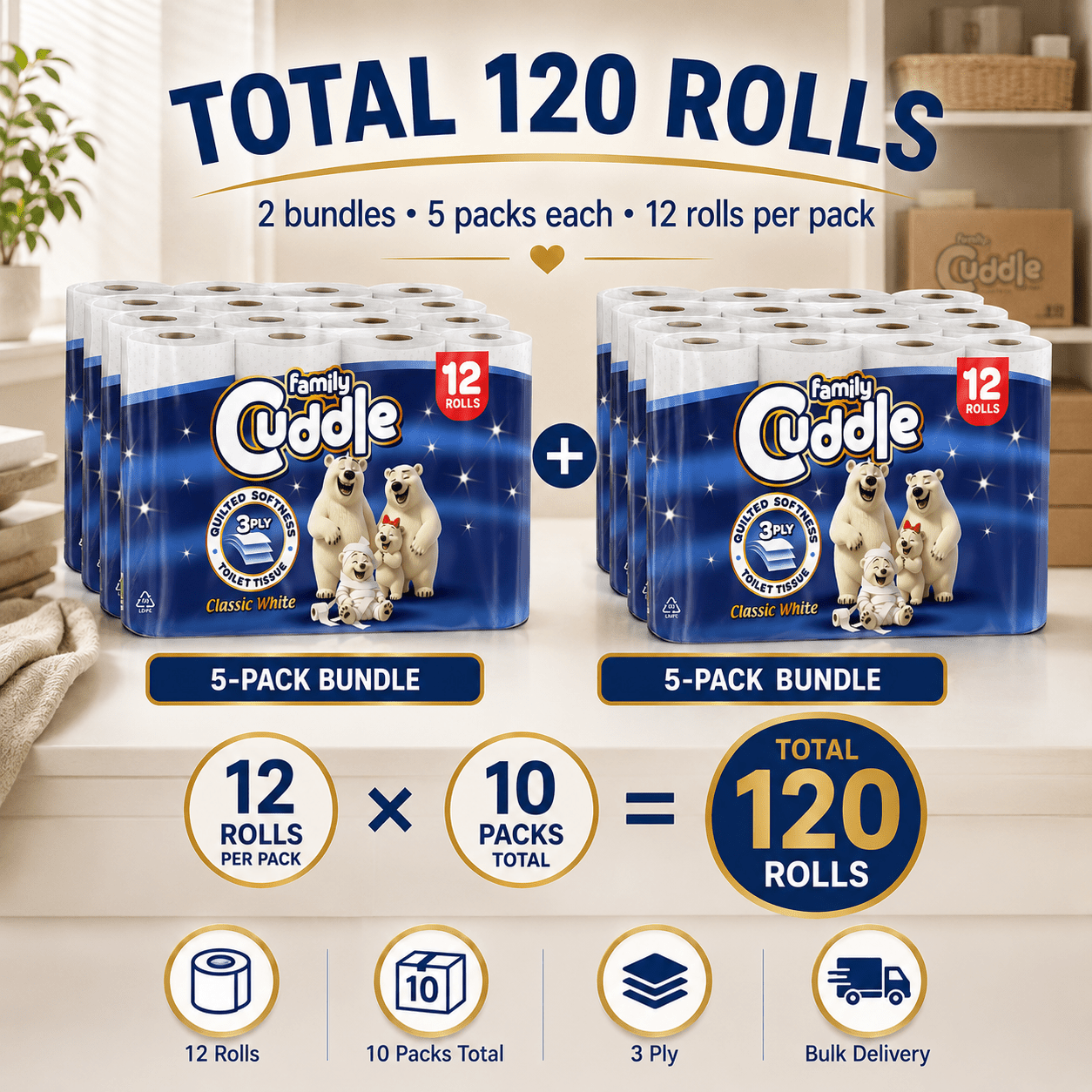 Toilet Roll with 120 Rolls, Panda Cuddle Soft 3-Ply 120-Roll Bulk Pack - product gallery image 2