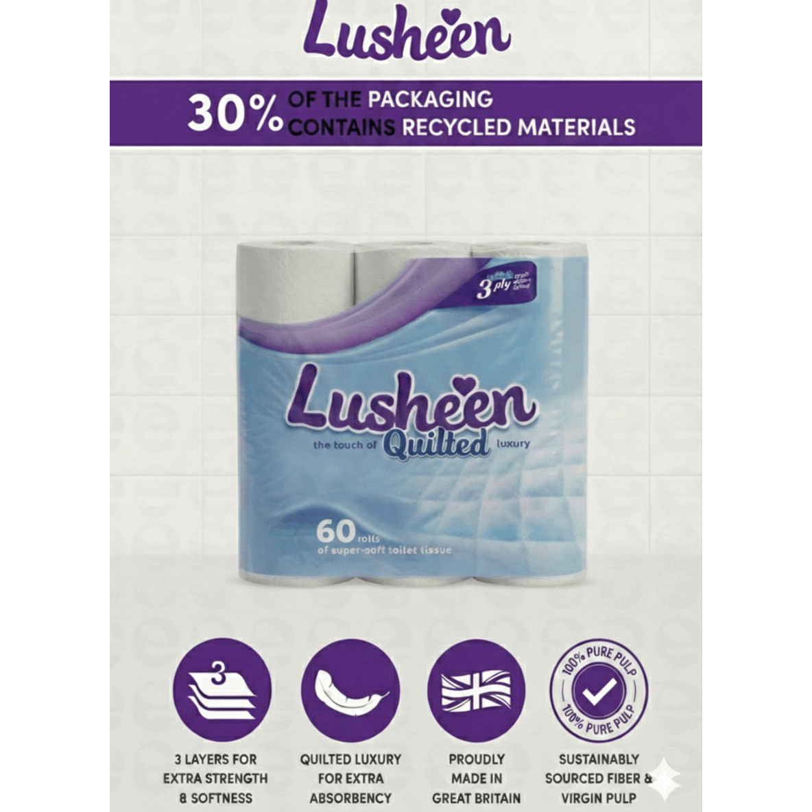 Toilet Roll with 60 Rolls, Lusheen 60 roll White, Rolls Bulk Buy Rolls 3-Ply Lusheen - product gallery image 4