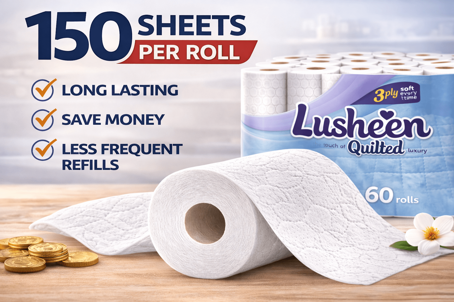 Toilet Roll with 60 Rolls, Lusheen 60 roll White, Rolls Bulk Buy Rolls 3-Ply Lusheen - product gallery image 6
