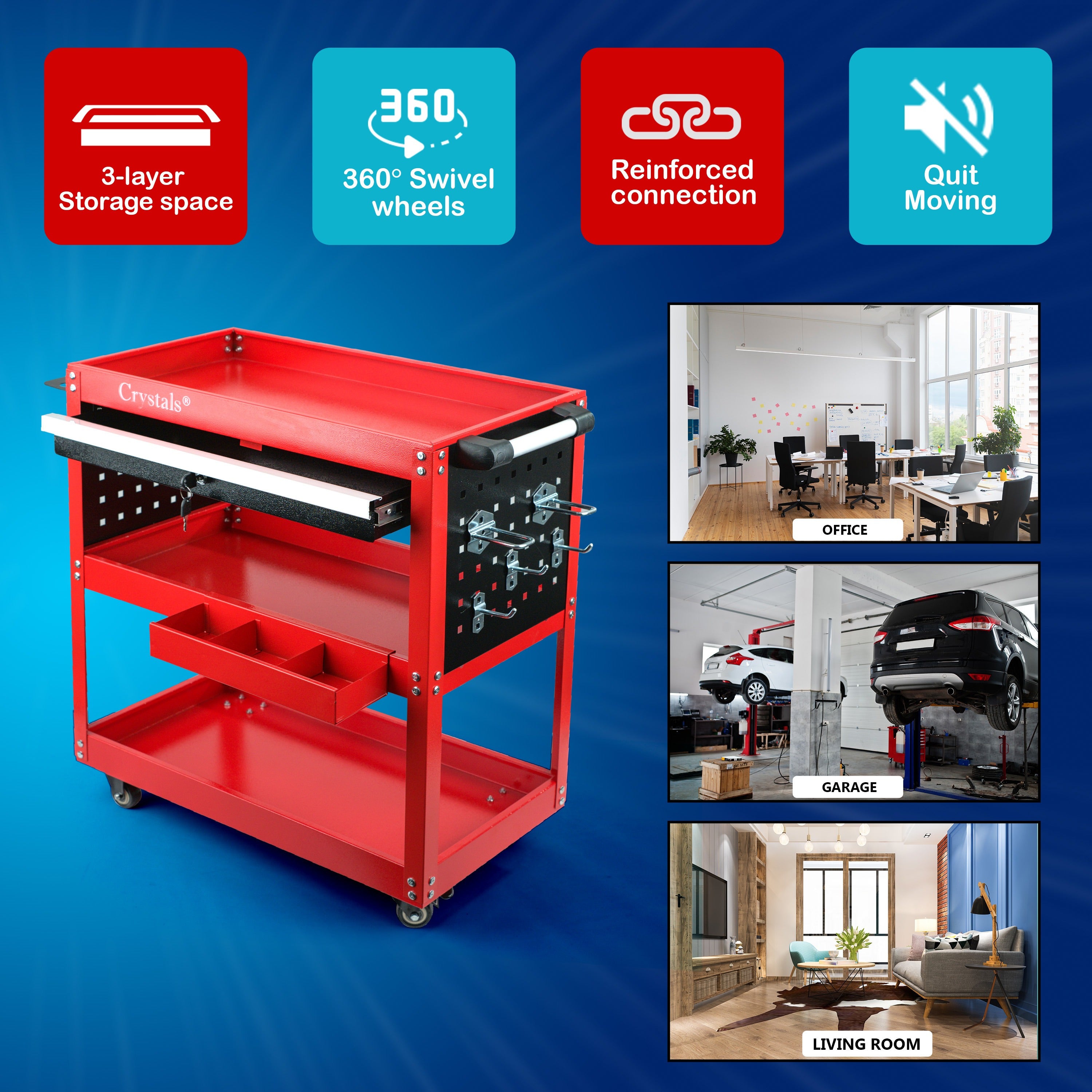 Tool Trolley Cart with Wheels, Lockable, 75kg, Tier Heavy Duty Steel Workshop Garage - product gallery image 4