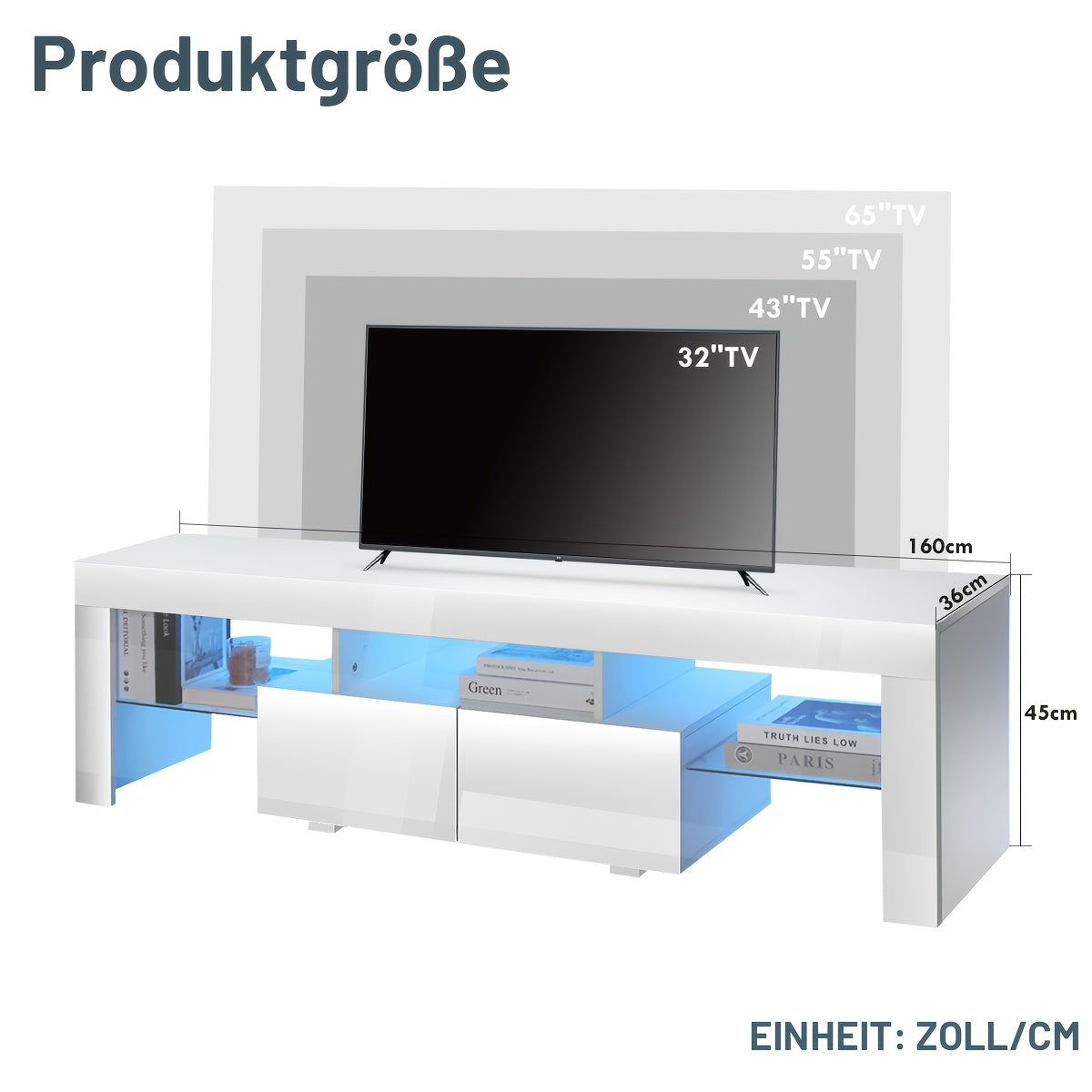 TV Stand with 160cm, 50kg, LED Unit Cabinet White High Gloss - product gallery image 3