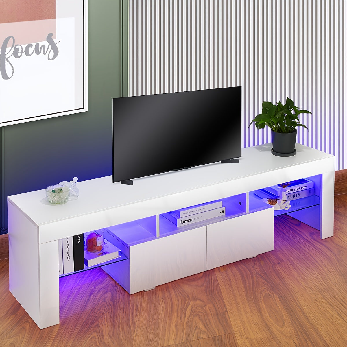 TV Stand with 160cm, 50kg, LED Unit Cabinet White High Gloss - White option