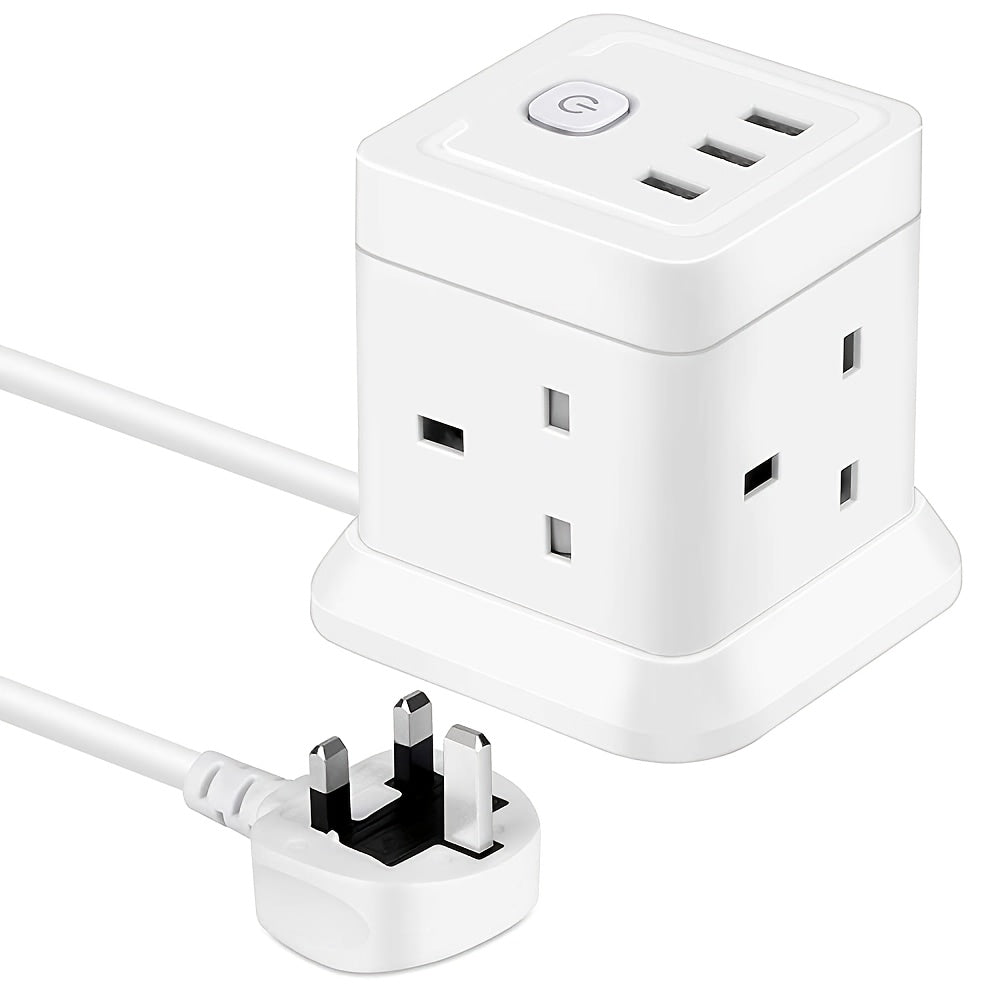 UK 7-in-1 Cubic Power Strip with Lockable, 1.5m, 7-in-1.5m Extension Cable, Switch, AC - Snow option