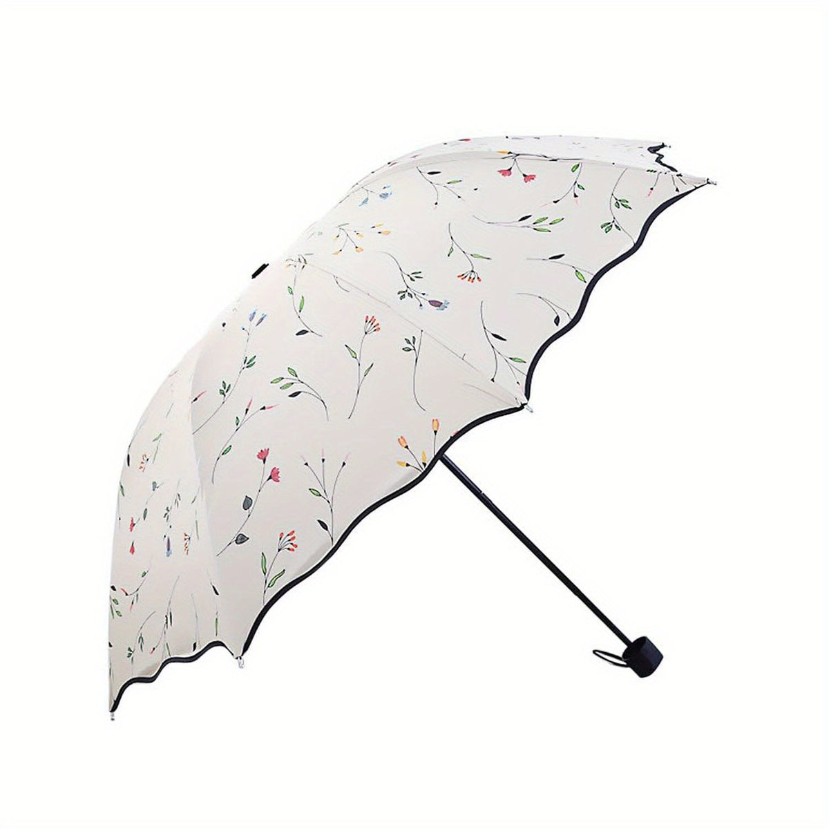Umbrella with Foldable, Plastic, Floral Folding Women 8-Rib Windproof Compact - White option