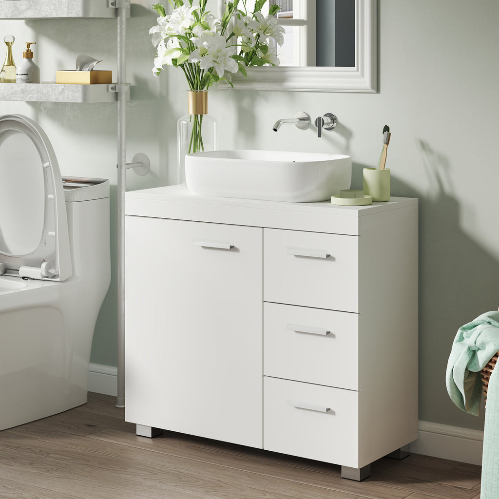Under Sink Bathroom Cabinet with Adjustable Height, Easy Assembly - Cloud White and Natural Beige option