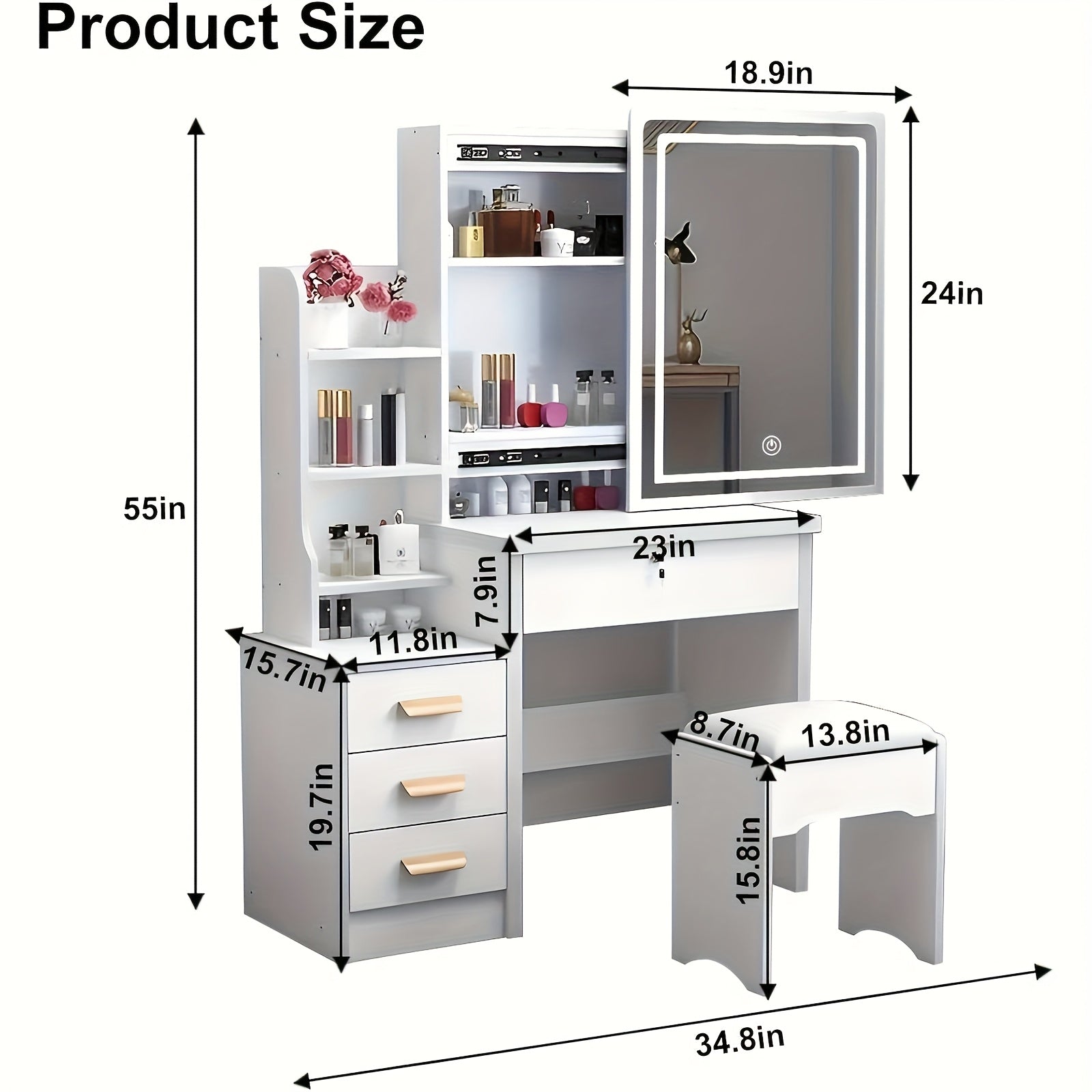Vanity Dressing Table with LED Mirror Drawers, USB Port Cushioned - product gallery image 2