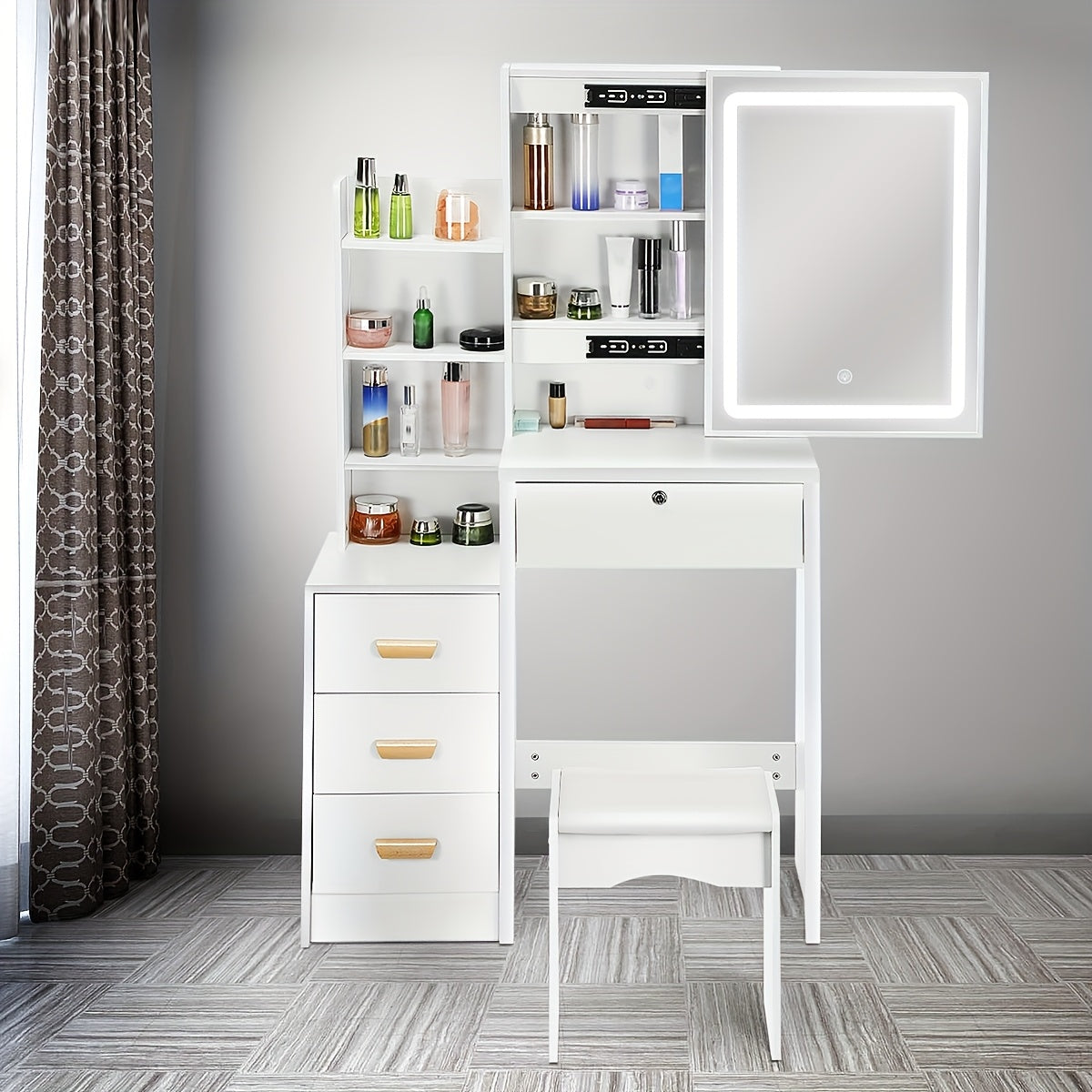 Vanity Dressing Table with LED Mirror Drawers, USB Port Cushioned