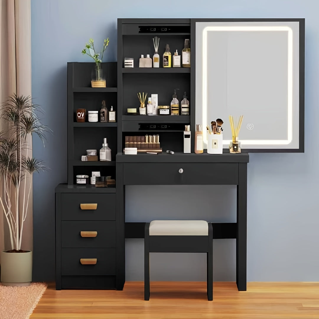 Vanity Dressing Table with Wood, Sliding Mirror LED Lights Drawers, Hidden - Black-918 option