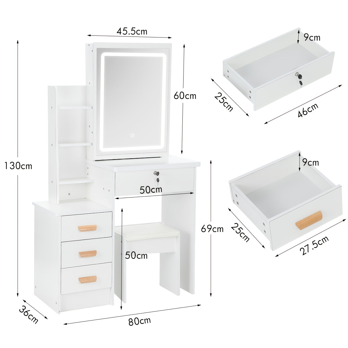 Vanity Dressing Table with Wood, Sliding Mirror LED Lights Drawers, Hidden - product gallery image 3
