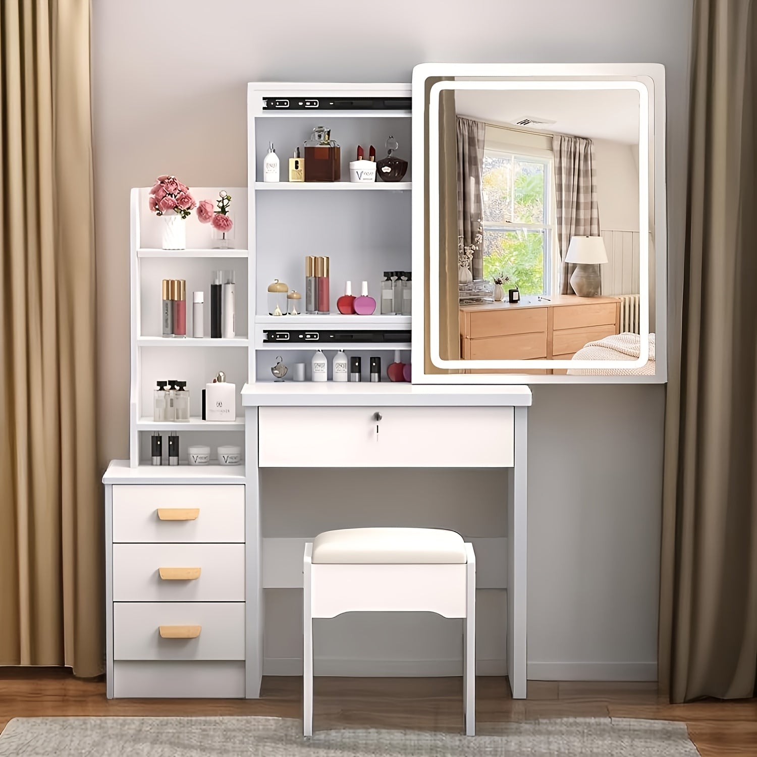 Vanity Dressing Table with Wood, Sliding Mirror LED Lights Drawers, Hidden - product gallery image 6