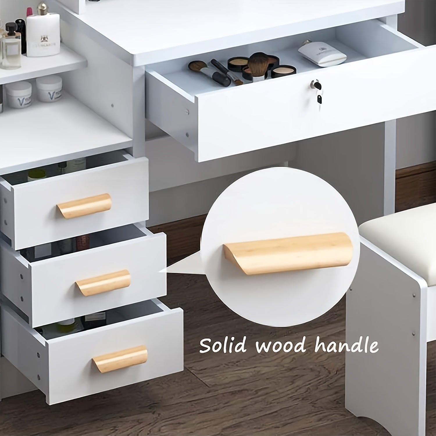 Vanity Dressing Table with Wood, Sliding Mirror LED Lights Drawers, Hidden - product gallery image 8