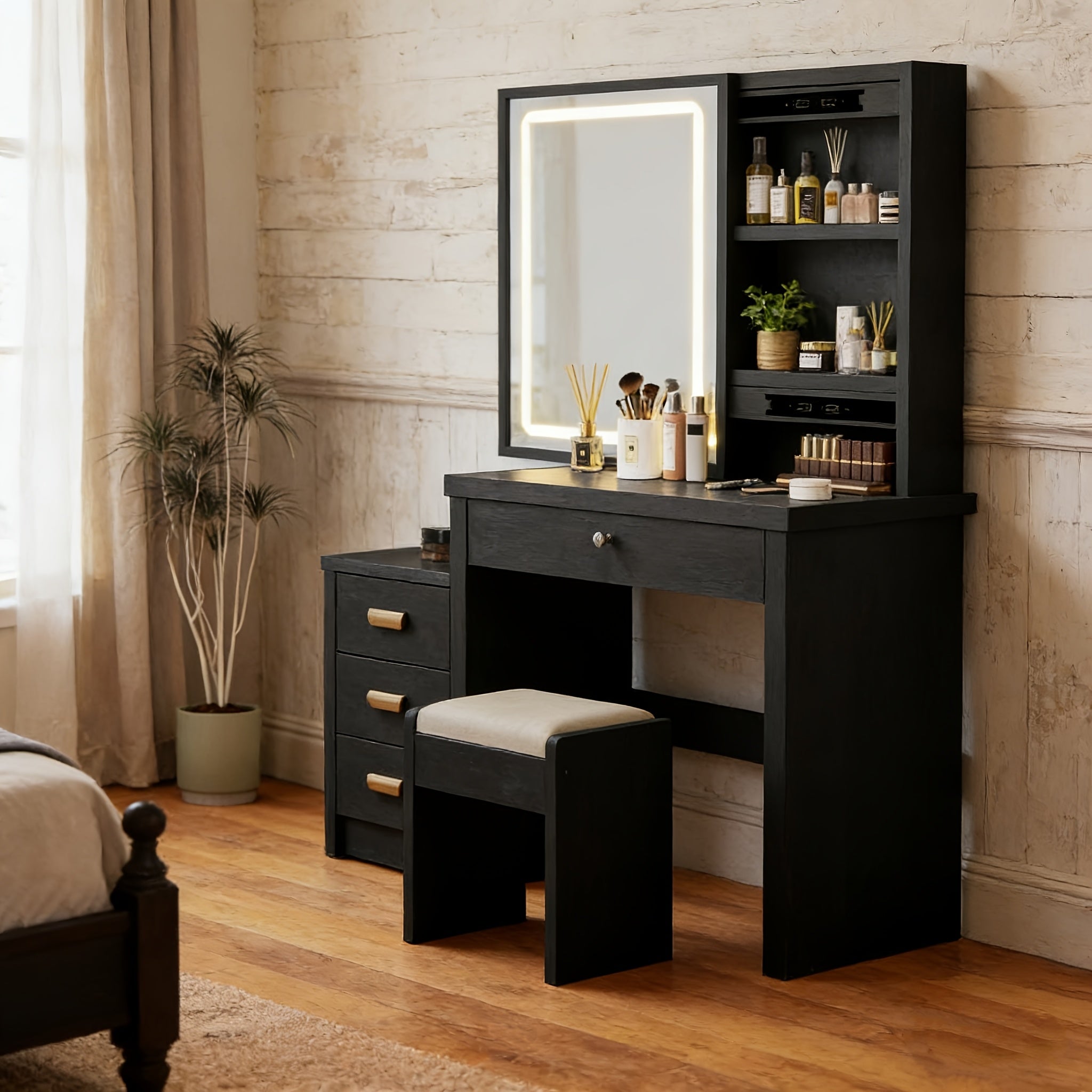 Vanity Dressing Table with Wood, Sliding Mirror LED Lights Drawers, Hidden