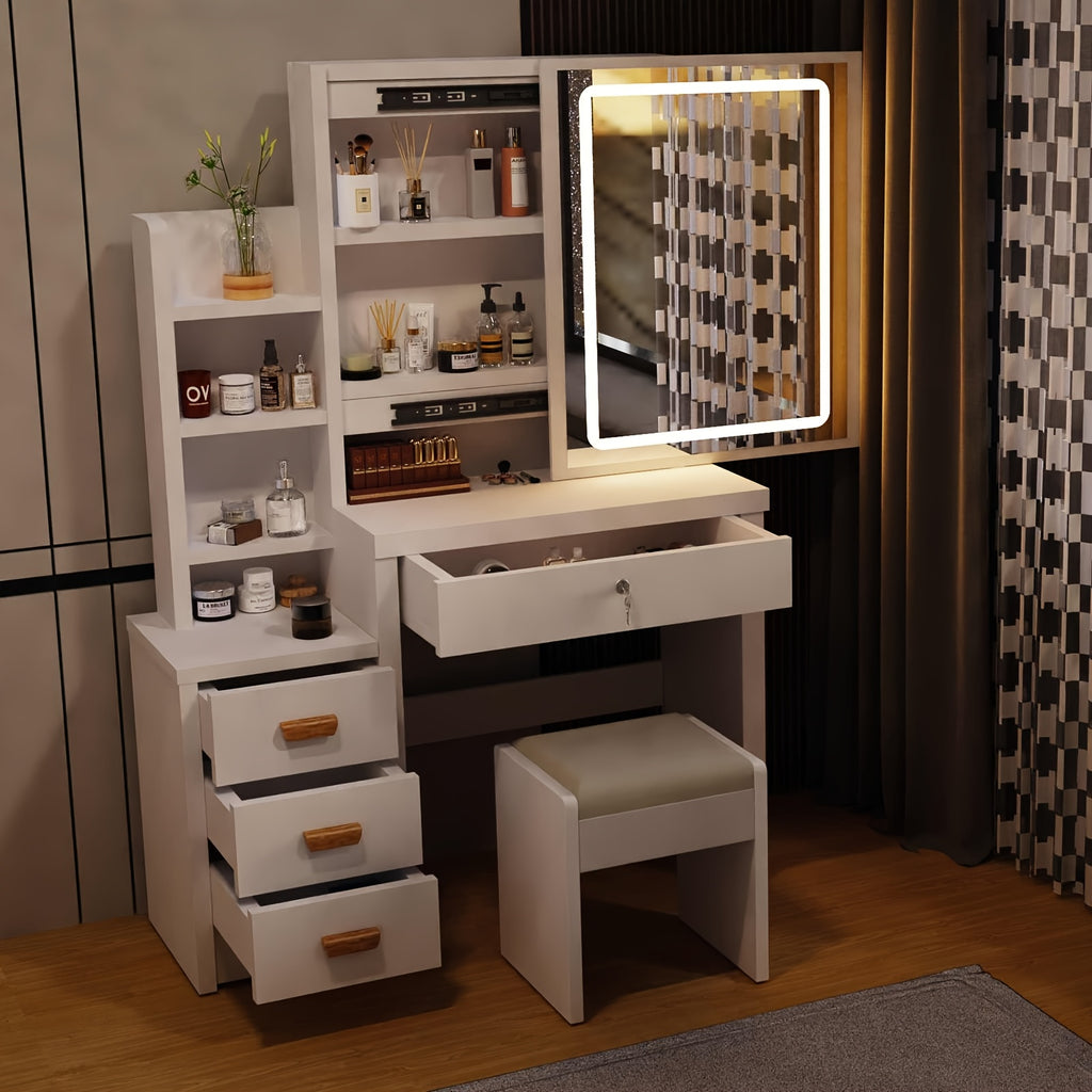 Vanity Dressing Table with Wood, Sliding Mirror LED Lights Drawers, Hidden - White option