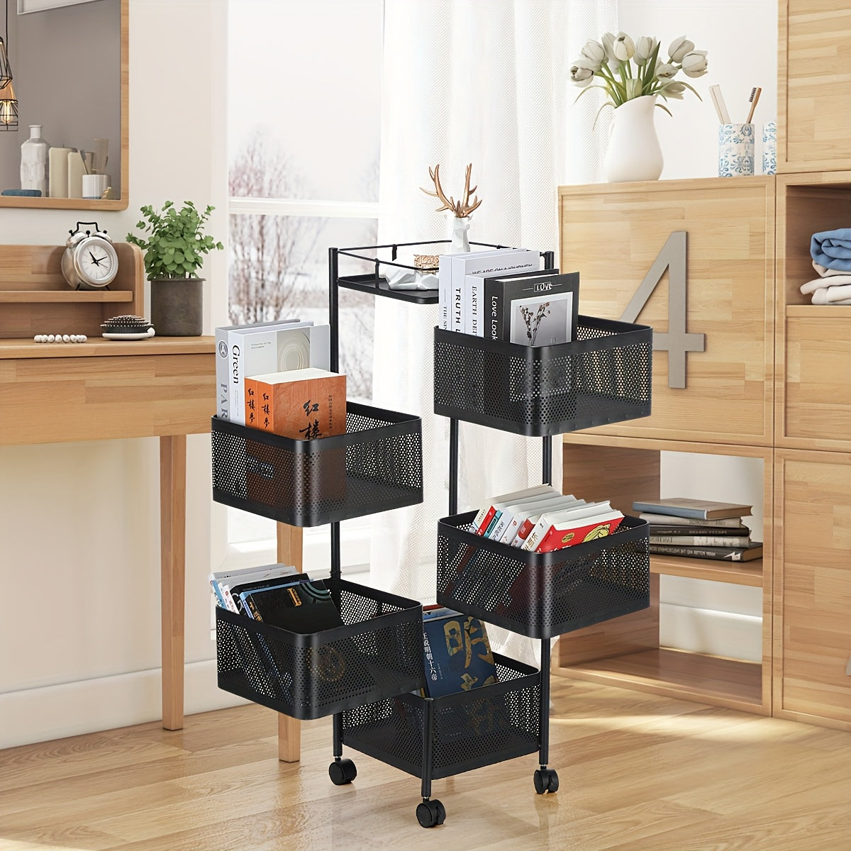 Vegetable Storage Rack with Easy Assembly, Wheels for home offices - Black Square option