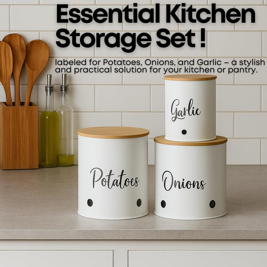 Vegetable Storage Tin with Metal, 3pcs, GARLIC ONION POTATO CANISTER SET WHITE - product gallery image 3
