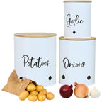 Vegetable Storage Tin with Metal, 3pcs, GARLIC ONION POTATO CANISTER SET WHITE