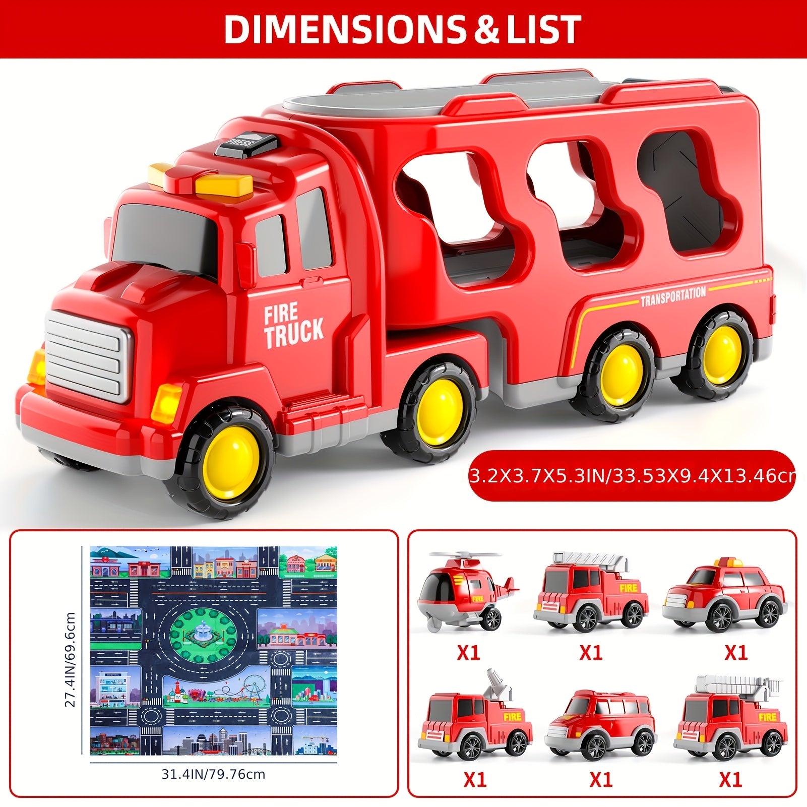 Vehicle Toy with 5-in-1 Construction Truck Toys Kids Lights - 7 Red Car & Playmat option