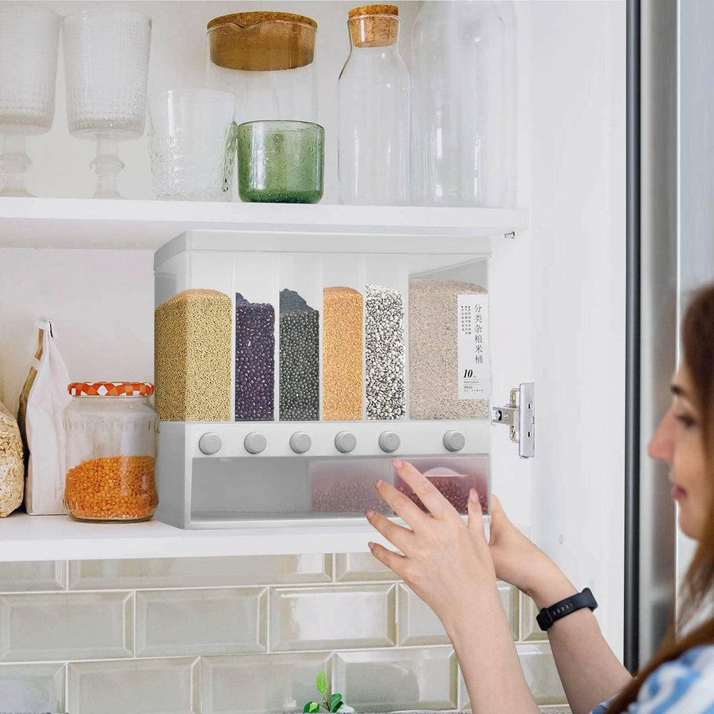 Wall-Mounted Cereal Dispenser with 10kg, Six-Compartment Wall-Mounted
