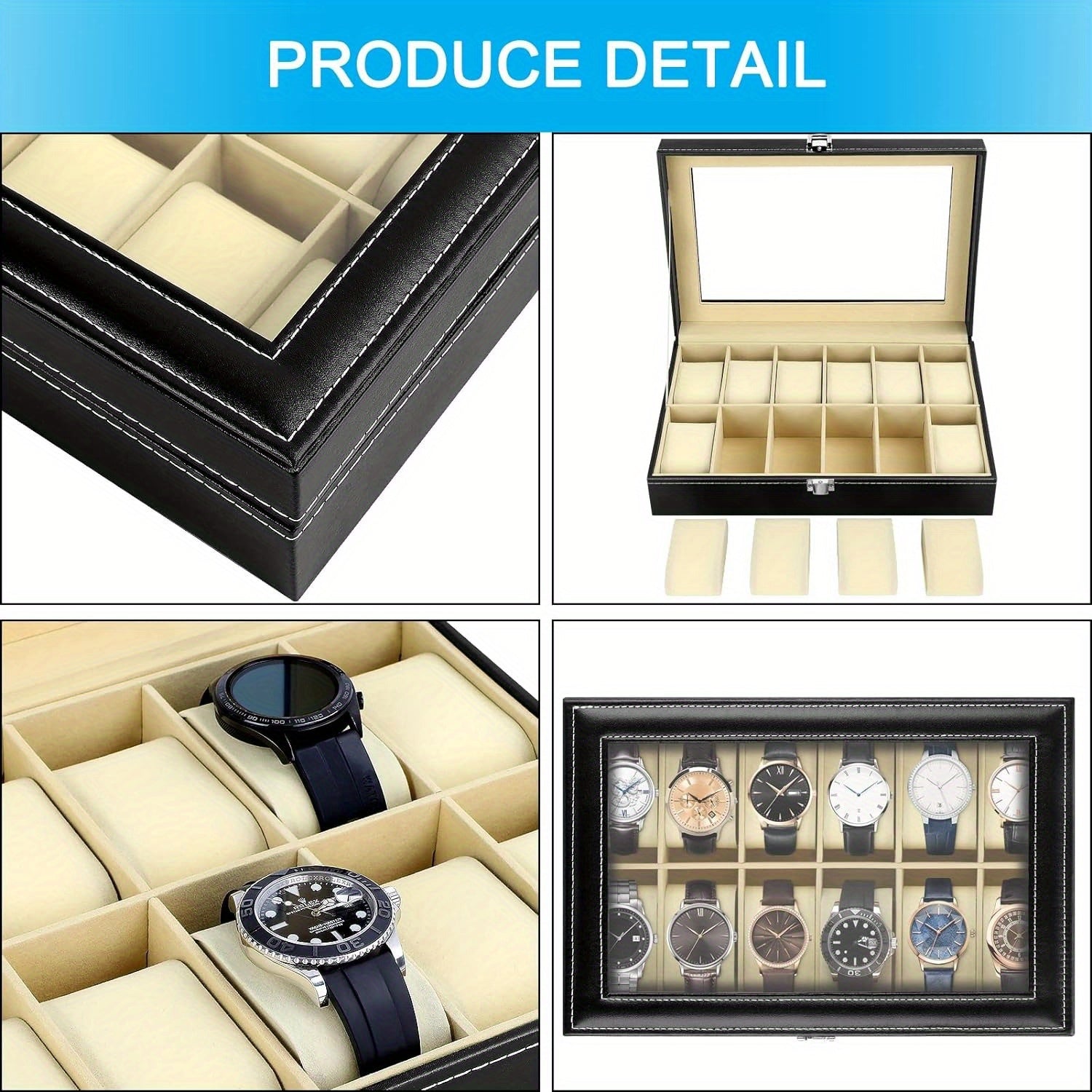 Watch Boxe with Lockable, Metal, Slot Box Glass Lid PU Leather - product gallery image 3