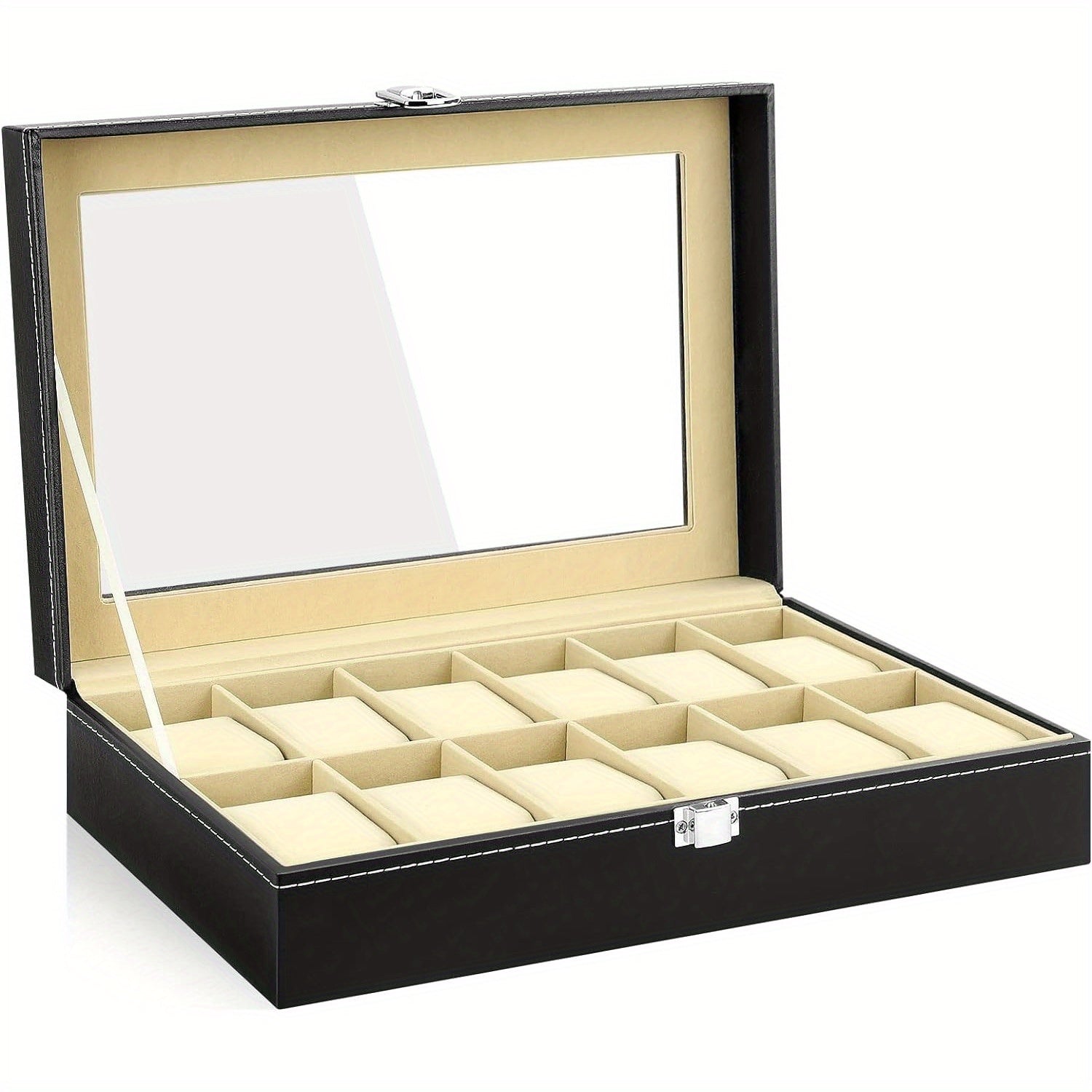 Watch Boxe with Lockable, Metal, Slot Box Glass Lid PU Leather