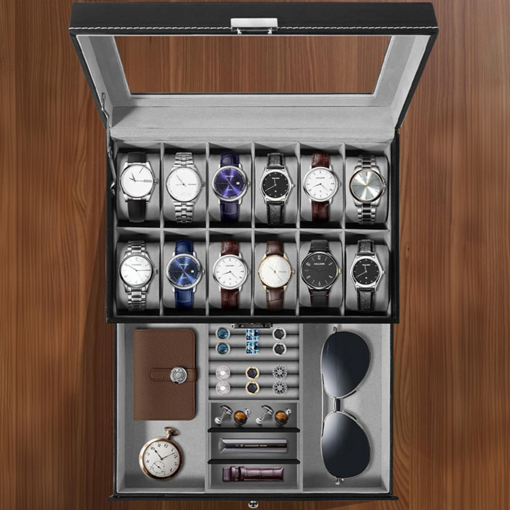 Watch Storage Box with Glass, Twelve-Slot Two-Tier Glass-Lid Case
