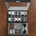 Watch Storage Box with Glass, Twelve-Slot Two-Tier Glass-Lid Case