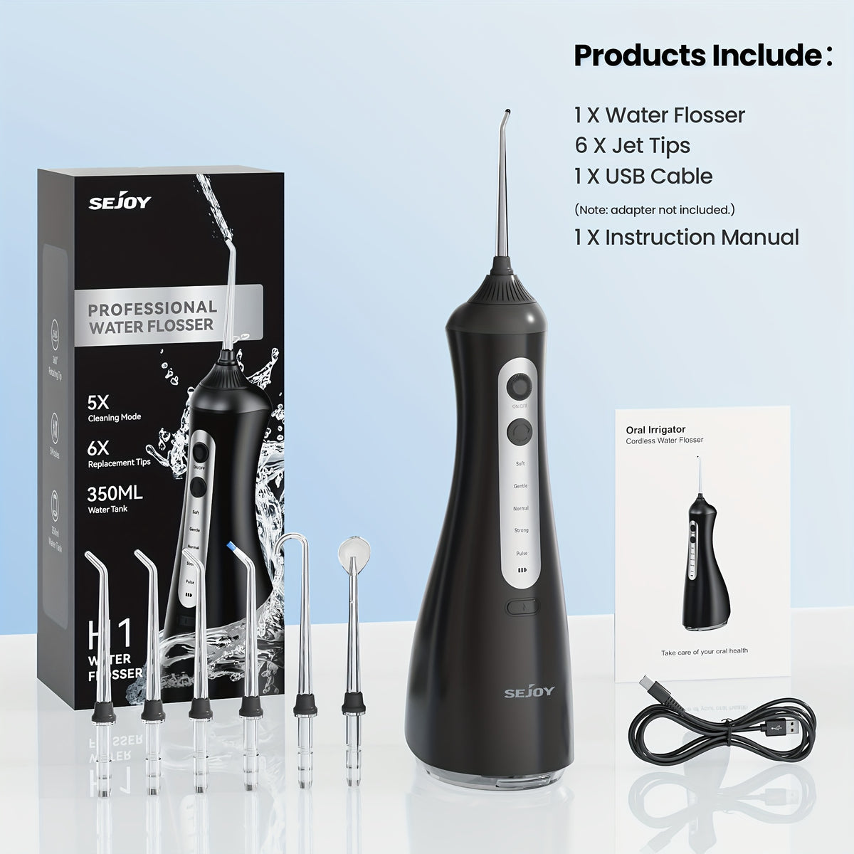 Water Flosser with Rechargeable, Wireless, 350ml for travel - Black option