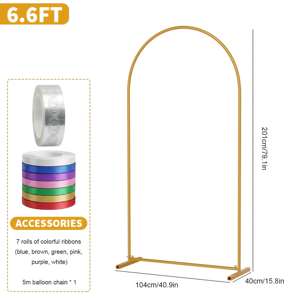 Wedding Arch Frame with Freestanding, 6ft, 6.6ft, Metal, Gold Moon Gate 6ft, 6.6ft 7.2ft - 6.6FT with 7 Rolls of Colorful Ribbon, 5m Balloon Arch*1 option