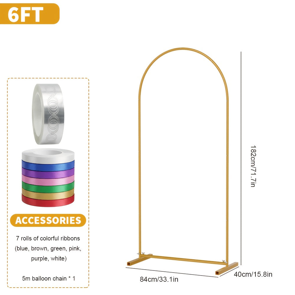 Wedding Arch Frame with Freestanding, 6ft, 6.6ft, Metal, Gold Moon Gate 6ft, 6.6ft 7.2ft - 6FT with 7 rolls of colored ribbon, 5m balloon garland*1 option