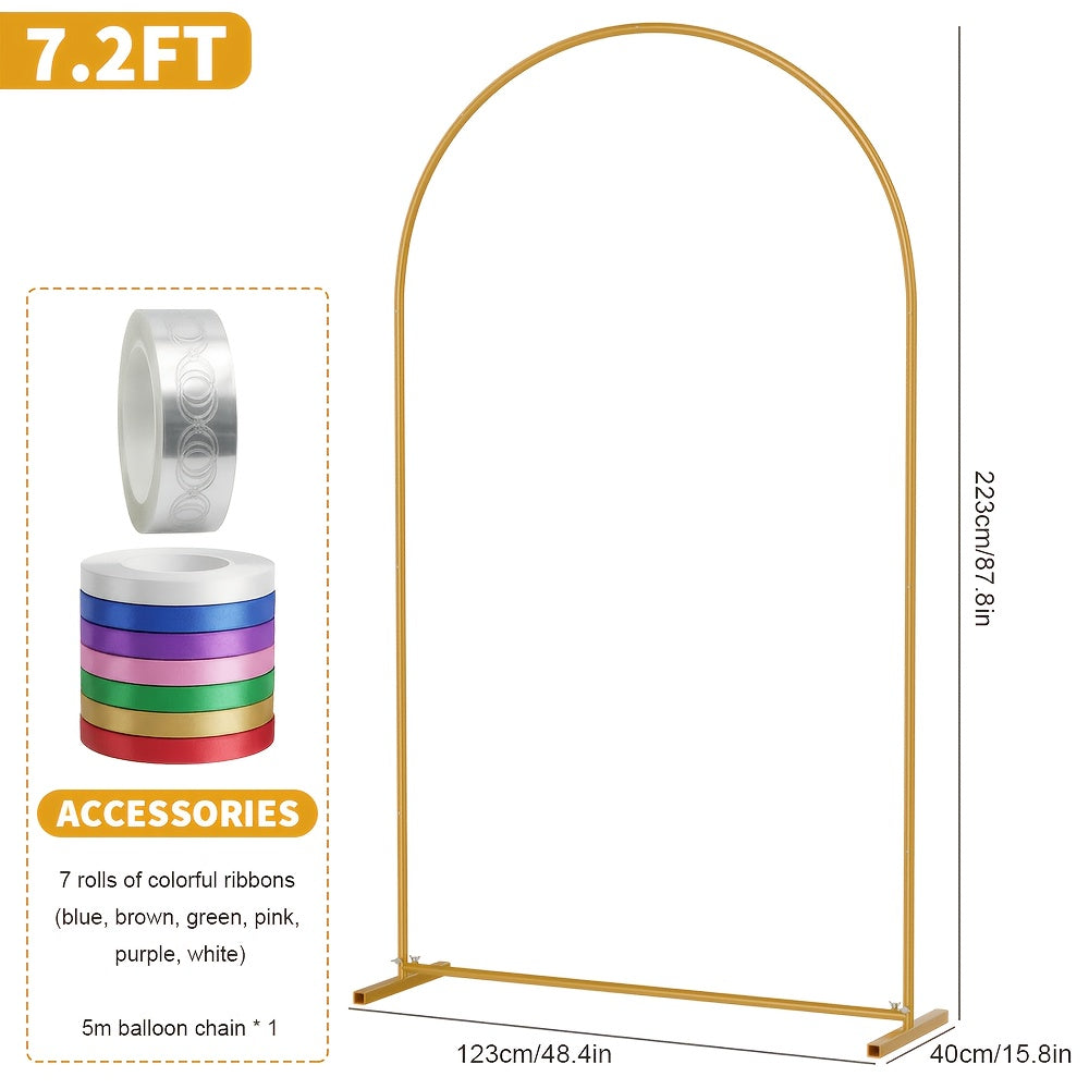 Wedding Arch Frame with Freestanding, 6ft, 6.6ft, Metal, Gold Moon Gate 6ft, 6.6ft 7.2ft - 7.2FT with 7 Rolls of Colorful Ribbon, 5m Balloon Arch*1 option