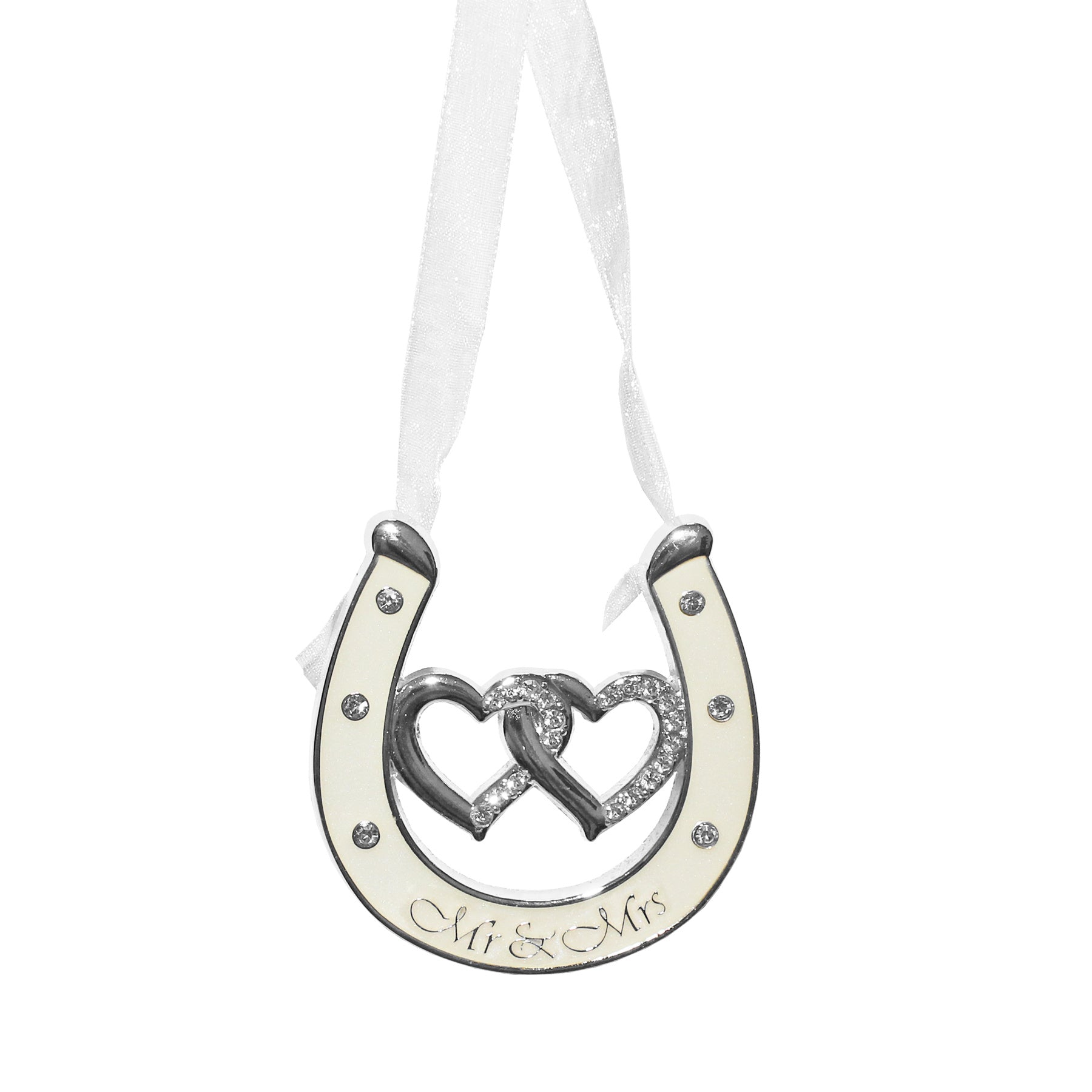 Wedding Keepsake with 6cm, Lucky Horseshoe Ivory Diamante Double Heart - Mr and Mrs option